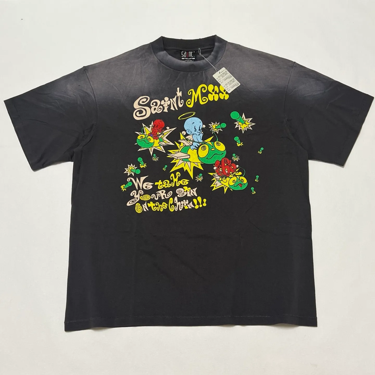 SAINT Mxxxxxx SS TEE/SAINT MX6/BLK Little devil bee distressed TEE, washed black S-XL OE yarn tube fabric, no side seams, Assute garment dyeing, heavy washing, water fading, old hole treatment, correct version, original consistent main mark/wash mark/cherub mark, original consistent printing restoration, distressed treatment, top purchasing agent level